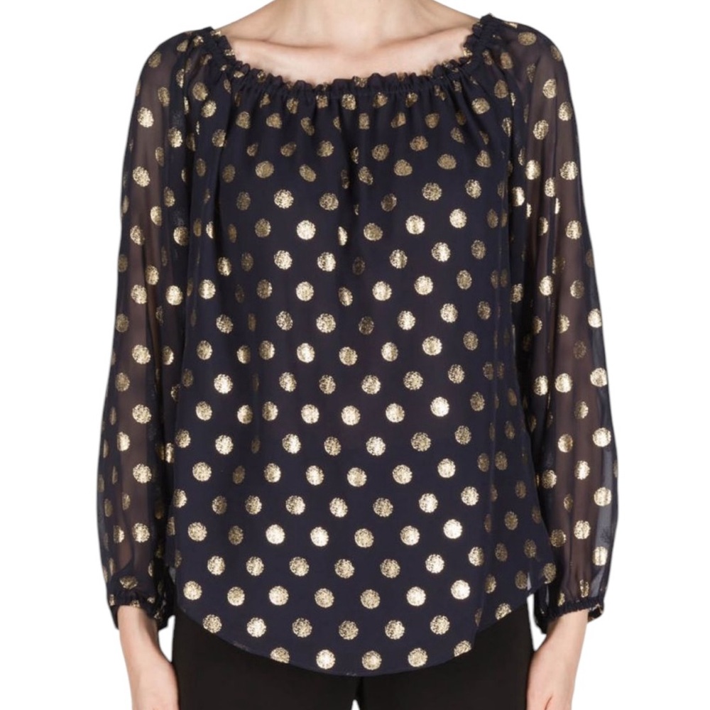 Joseph Ribkoff Navy Blouse with Metallic Gold Polka Dots